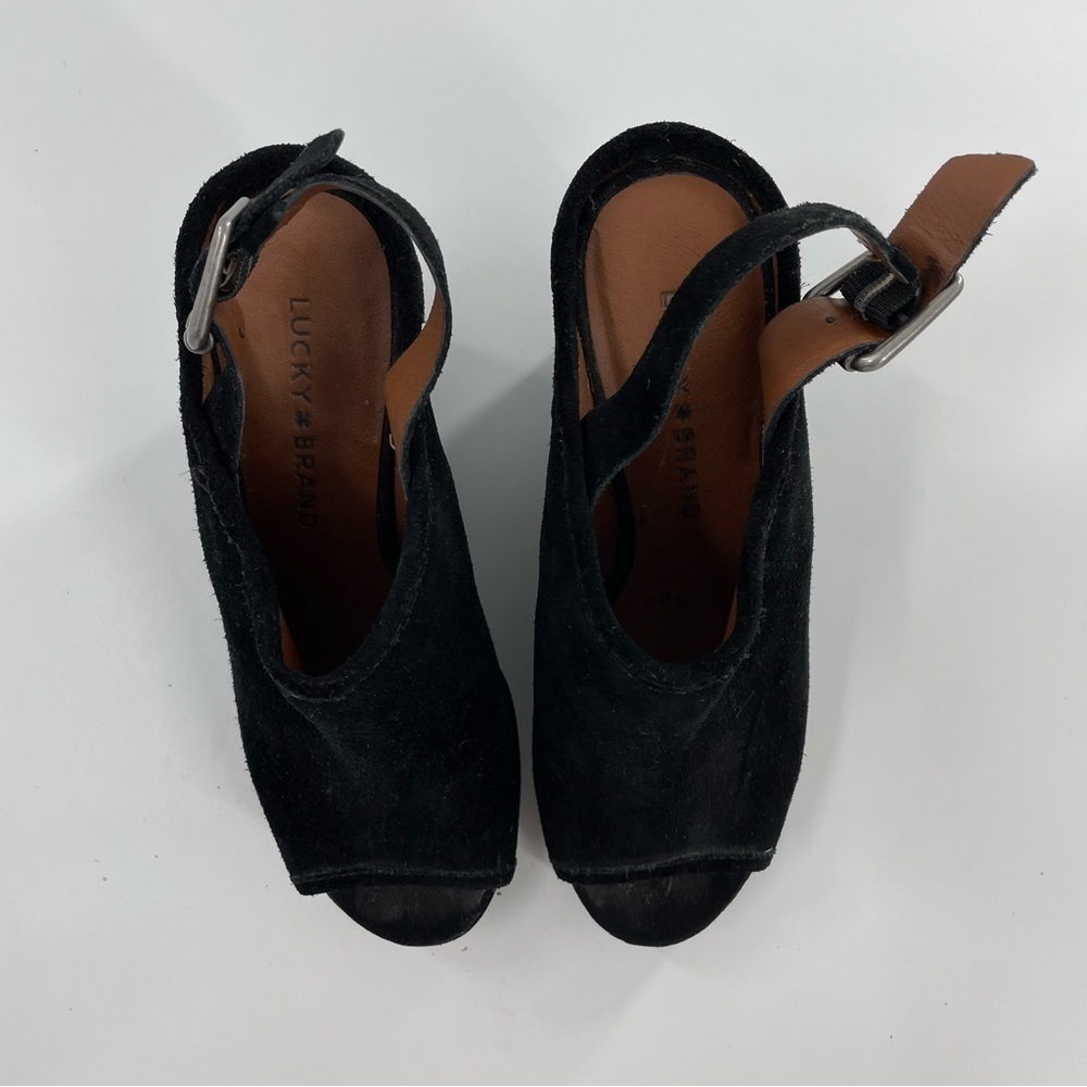 Lucky Brand Jemadine Suede Platforms Slingback Peep Toe in Black - Picture 5 of 7